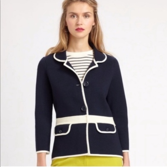 Kate Spade Mayson Wool Sweater Jacket in Midnight Navy and Cream Size 8 - Picture 1 of 10